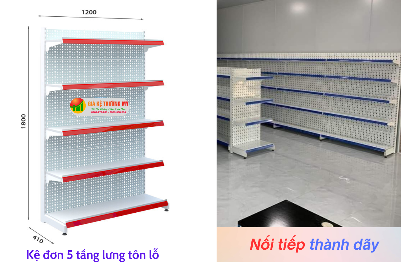 Giá kệ trưng bày đơn táp tường lưng tôn lỗ 5 tầng c1800xd1200