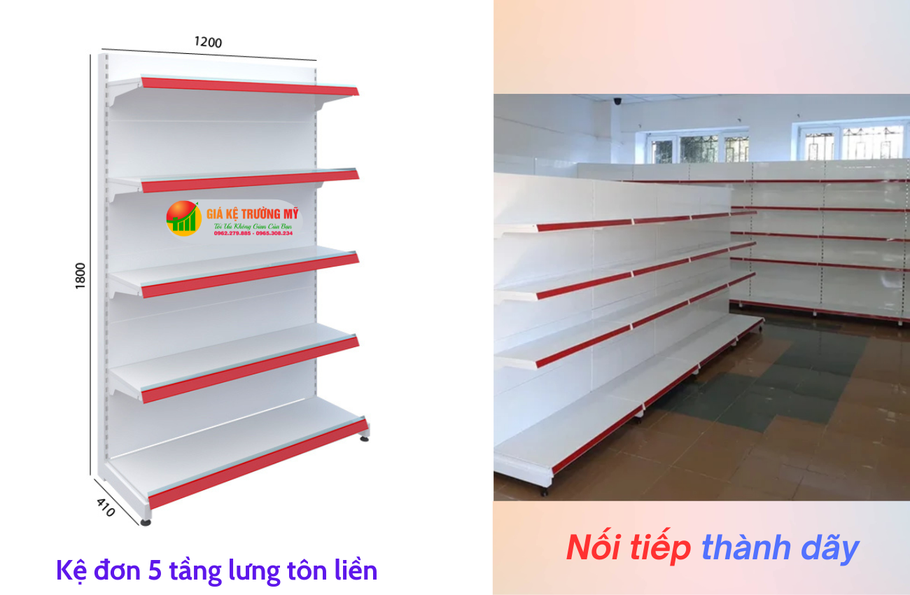 Giá kệ trưng bày đơn lưng tôn liền 5 tầng  C1800xD1200